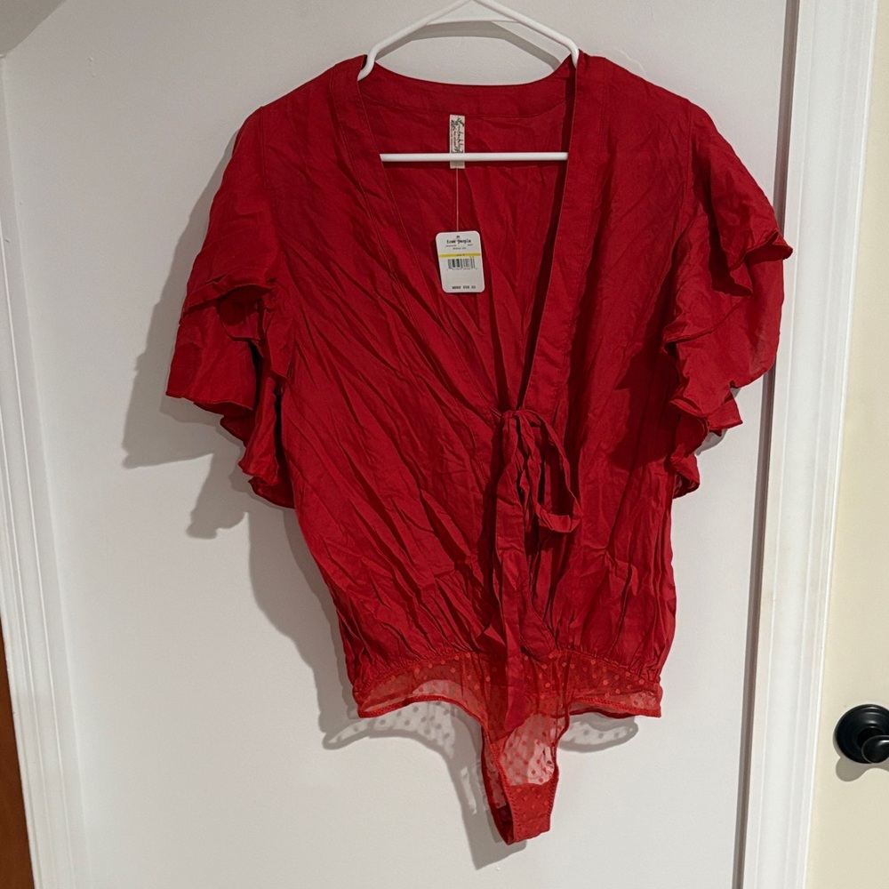 Free People Red Ruffled Bodysuit